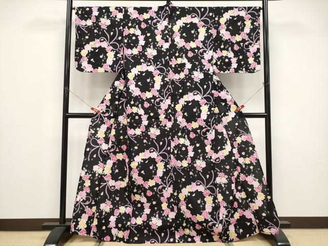平和屋着物∴夏物　浴衣　花丸文　黒地　綿　逸品　CABF2756tx