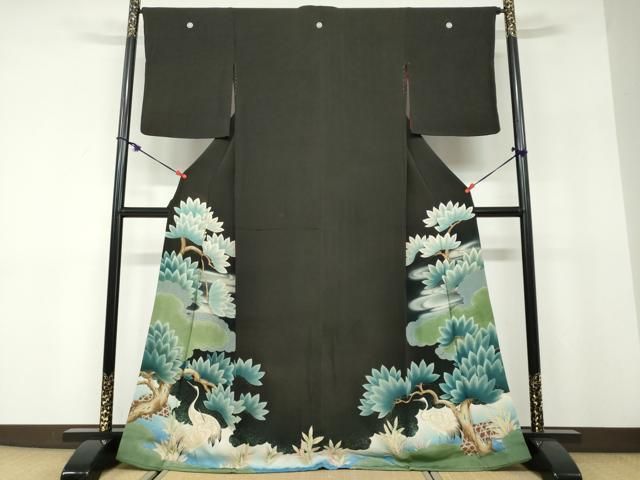 平和屋着物●アンティーク　大正ロマン　黒留袖　群鶴浜松文　銀彩　正絹　逸品　DABD9840ud