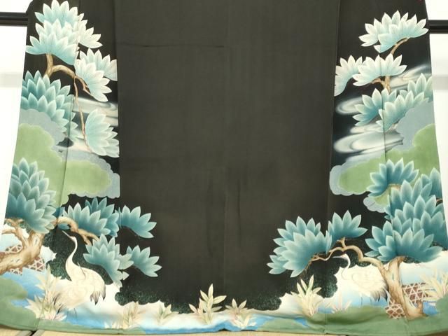 平和屋着物●アンティーク 大正ロマン 黒留袖 群鶴浜松文 銀彩 正絹 逸品 DABD9840ud 平和屋着物●アンティーク 大正ロマン 黒留袖 群鶴浜松文 銀彩 正絹 逸品 DABD9840ud