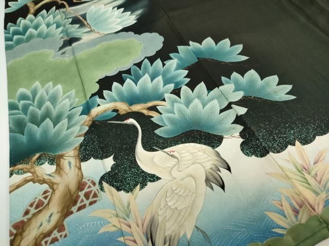 平和屋着物●アンティーク 大正ロマン 黒留袖 群鶴浜松文 銀彩 正絹 逸品 DABD9840ud 平和屋着物●アンティーク 大正ロマン 黒留袖 群鶴浜松文 銀彩 正絹 逸品 DABD9840ud