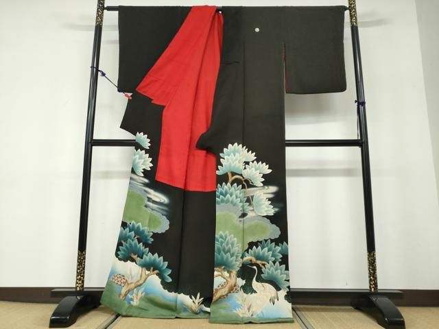 平和屋着物●アンティーク 大正ロマン 黒留袖 群鶴浜松文 銀彩 正絹 逸品 DABD9840ud 平和屋着物●アンティーク 大正ロマン 黒留袖 群鶴浜松文 銀彩 正絹 逸品 DABD9840ud