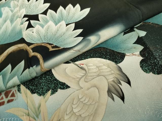 平和屋着物●アンティーク 大正ロマン 黒留袖 群鶴浜松文 銀彩 正絹 逸品 DABD9840ud 平和屋着物●アンティーク 大正ロマン 黒留袖 群鶴浜松文 銀彩 正絹 逸品 DABD9840ud