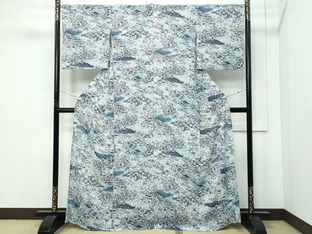 平和屋着物＊夏物　小紋　絽縮緬　型染め　流水草花文　洗える着物　CABF4589rv