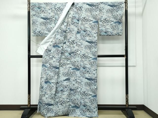 平和屋着物＊夏物　小紋　絽縮緬　型染め　流水草花文　洗える着物　CABF4589rv
