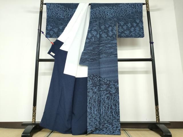 平和屋着物●訪問着 藍 流水花鳥文 やまと金ラベル 正絹 逸品 未使用 DABD9843ud 平和屋着物●訪問着 藍 流水花鳥文 やまと金ラベル 正絹 逸品 未使用 DABD9843ud