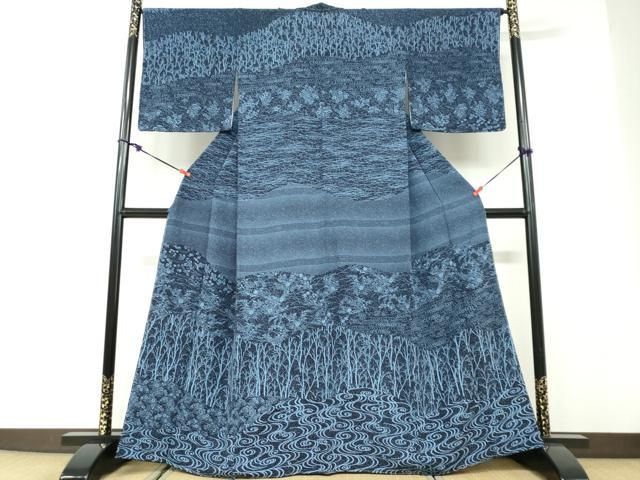 平和屋着物●訪問着 藍 流水花鳥文 やまと金ラベル 正絹 逸品 未使用 DABD9843ud