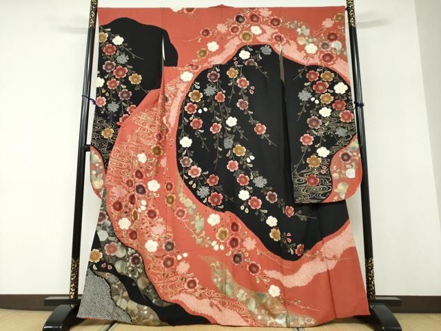 平和屋着物●豪華振袖 絞り 流水枝垂れ草花文 金彩 正絹 逸品 DABD9846ud
