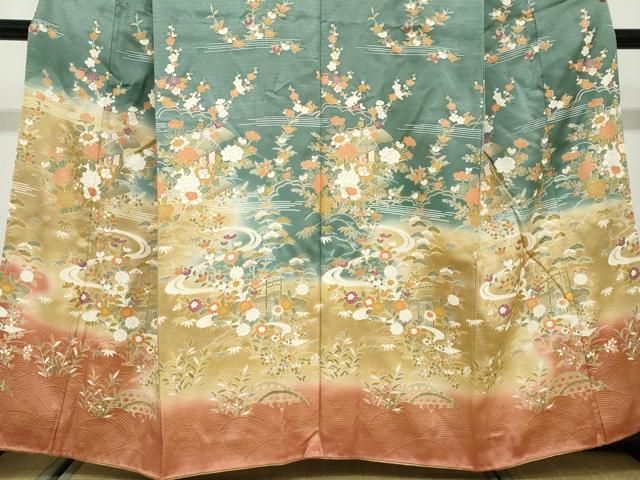 平和屋着物●訪問着 流水風景草花文 暈し染め 金彩 正絹 逸品 DABD9851ud 平和屋着物●訪問着 流水風景草花文 暈し染め 金彩 正絹 逸品 DABD9851ud