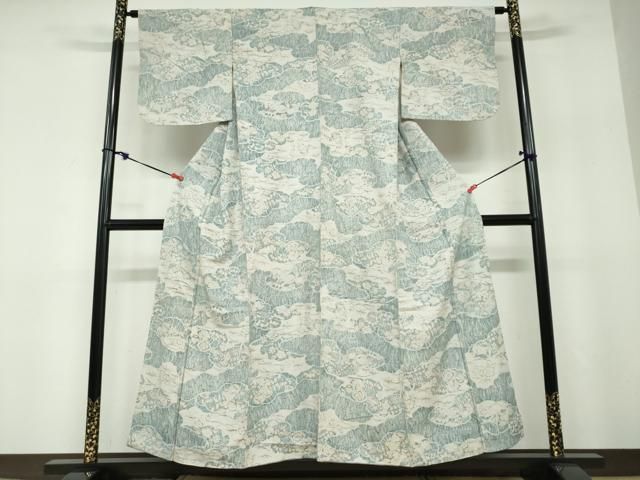 平和屋着物●上質な小紋　紬地　手描き　雲取り花文　正絹　逸品　DABD9858ud