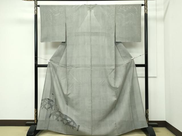 平和屋着物*夏物 小宮康孝 訪問着 江戸小紋 絽 万筋 黒×絹鼠色 籬蛍文 金糸 両面染 三越扱い 正絹 逸品 CABF4602rv