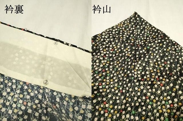 平和屋着物▽小紋　単衣　草花　黒地　洗える着物　DABD5920fe
