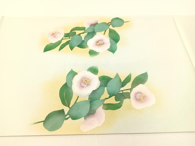 平和屋着物●塩瀬　九寸開き名古屋帯　手描き　枝椿　金彩　正絹　逸品　CABF0771vp