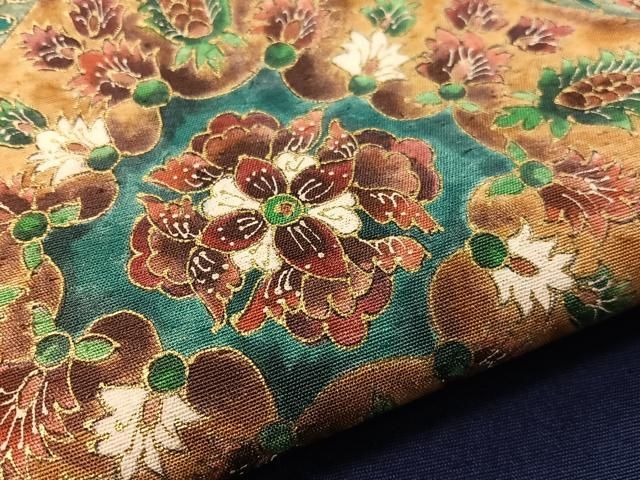 平和屋着物●九寸名古屋帯 ひげ紬 更紗菱文 金彩 正絹 逸品 CABF0774vp 平和屋着物●九寸名古屋帯 ひげ紬 更紗菱文 金彩 正絹 逸品 CABF0774vp