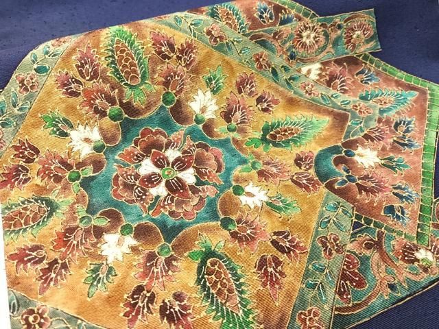 平和屋着物●九寸名古屋帯 ひげ紬 更紗菱文 金彩 正絹 逸品 CABF0774vp 平和屋着物●九寸名古屋帯 ひげ紬 更紗菱文 金彩 正絹 逸品 CABF0774vp