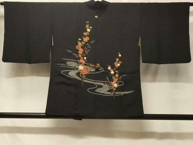 平和屋着物#羽織 流水草花文 黒地 金彩 正絹 逸品 CABF8880in