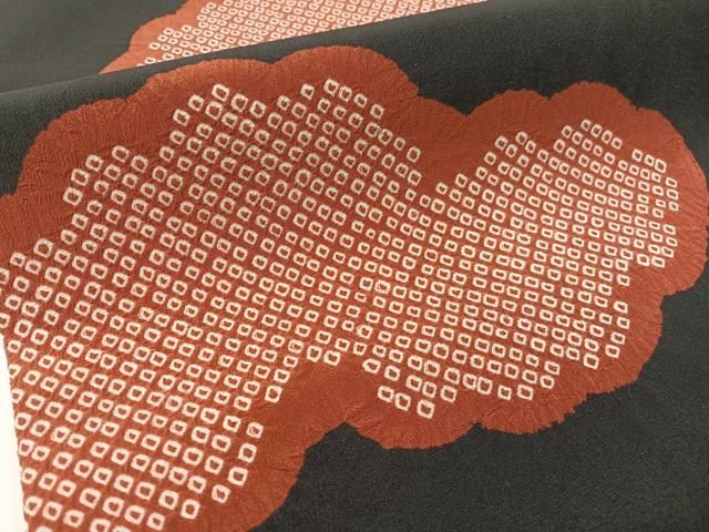 平和屋着物●塩瀬　九寸名古屋帯　絞り　雲取り文　黒地　正絹　逸品　CABF0783vp