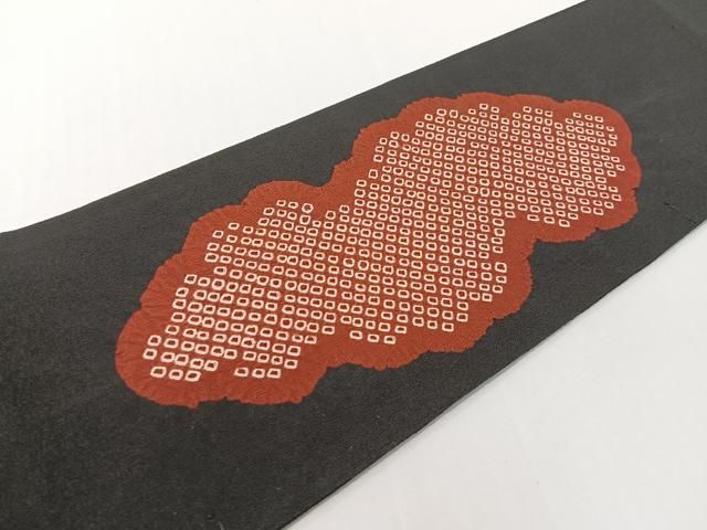 平和屋着物●塩瀬　九寸名古屋帯　絞り　雲取り文　黒地　正絹　逸品　CABF0783vp