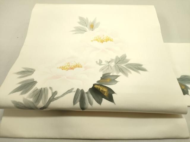平和屋着物●塩瀬 九寸名古屋帯 作家物 手描き 牡丹 金彩 正絹 逸品 DABE1815op