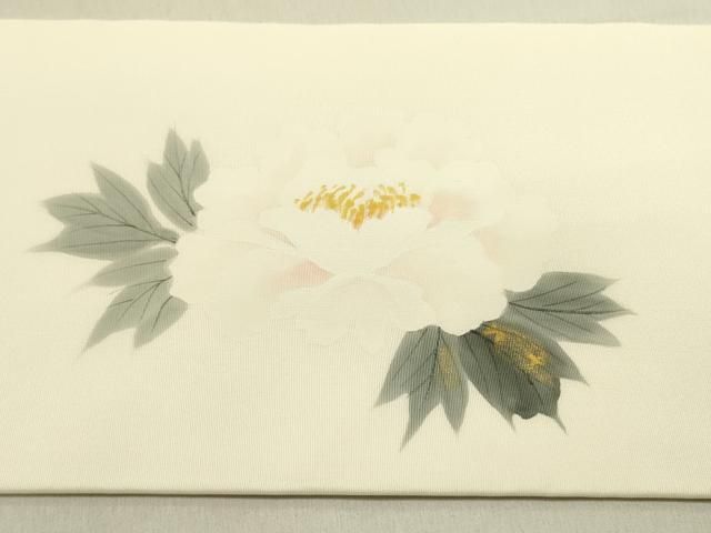 平和屋着物●塩瀬　九寸名古屋帯　作家物　手描き　牡丹　金彩　正絹　逸品　DABE1815op