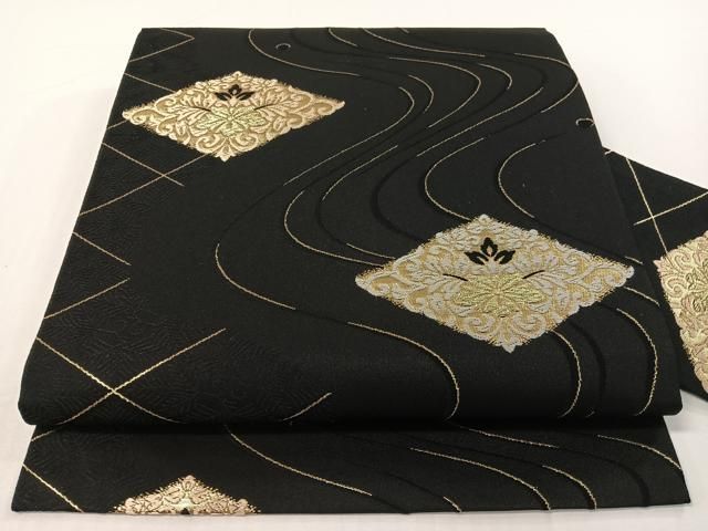 平和屋着物●九寸名古屋帯　唐織　流水花唐草菱文　黒地　金糸　正絹　逸品　CABF0785vp