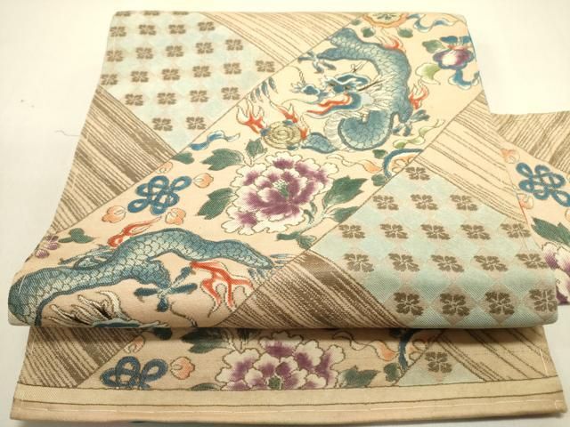 平和屋着物●アンティーク　大正ロマン　九寸名古屋帯　龍　牡丹　金糸　正絹　逸品　DABE1816op