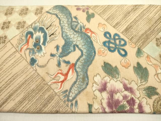 平和屋着物●アンティーク 大正ロマン 九寸名古屋帯 龍 牡丹 金糸 正絹 逸品 DABE1816op 平和屋着物●アンティーク 大正ロマン 九寸名古屋帯 龍 牡丹 金糸 正絹 逸品 DABE1816op