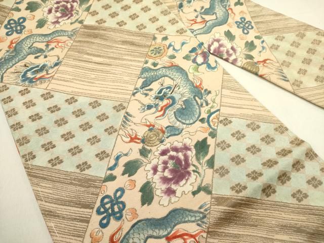 平和屋着物●アンティーク 大正ロマン 九寸名古屋帯 龍 牡丹 金糸 正絹 逸品 DABE1816op 平和屋着物●アンティーク 大正ロマン 九寸名古屋帯 龍 牡丹 金糸 正絹 逸品 DABE1816op