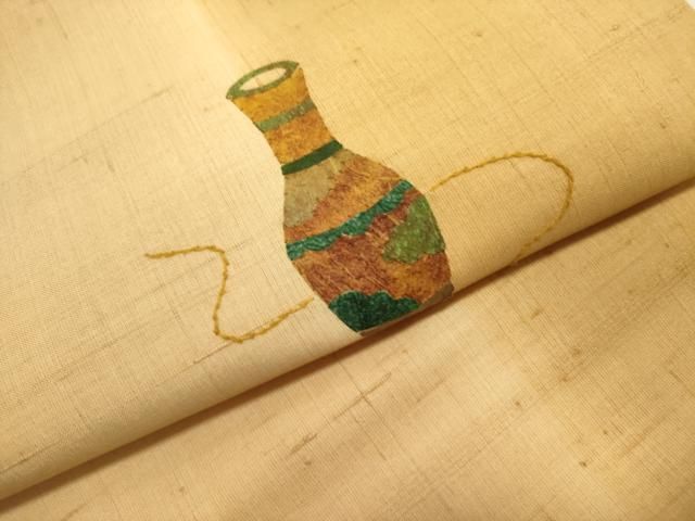 平和屋着物●九寸名古屋帯　紬地　刺繍　陶器文　正絹　逸品　DABE1818op