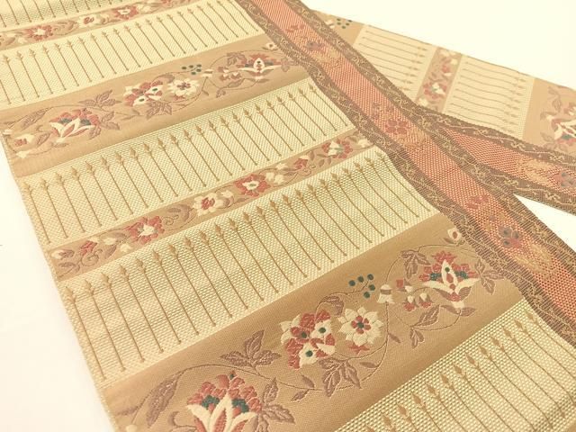 平和屋着物●本場筑前博多織　八寸名古屋帯　市松織　更紗横段文　正絹　逸品　CABF0788vp