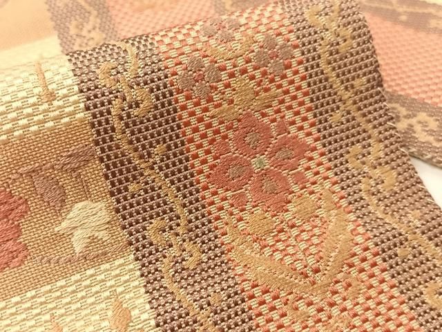 平和屋着物●本場筑前博多織　八寸名古屋帯　市松織　更紗横段文　正絹　逸品　CABF0788vp