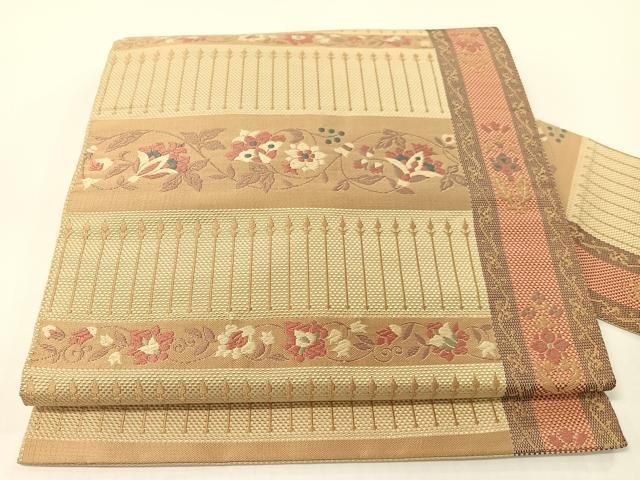 平和屋着物●本場筑前博多織 八寸名古屋帯 市松織 更紗横段文 正絹 逸品 CABF0788vp