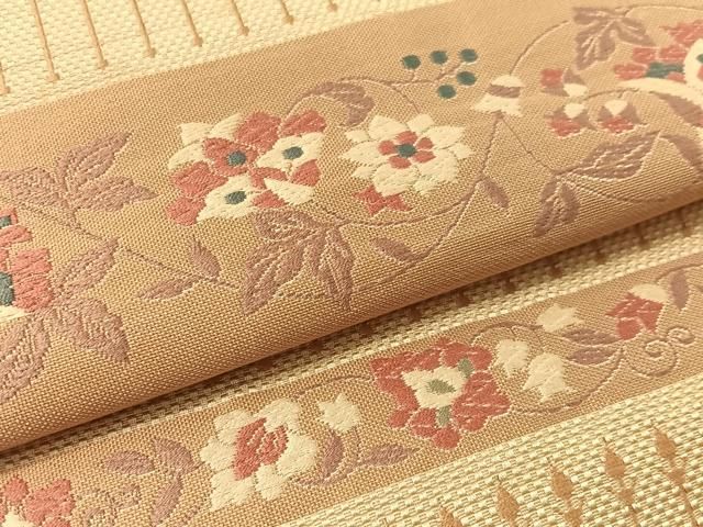 平和屋着物●本場筑前博多織　八寸名古屋帯　市松織　更紗横段文　正絹　逸品　CABF0788vp
