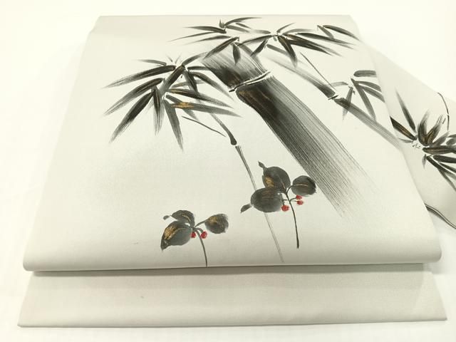 平和屋着物●塩瀬 九寸名古屋帯 作家物 手描き 笹竹文 金彩 正絹 逸品 CABG1622vp