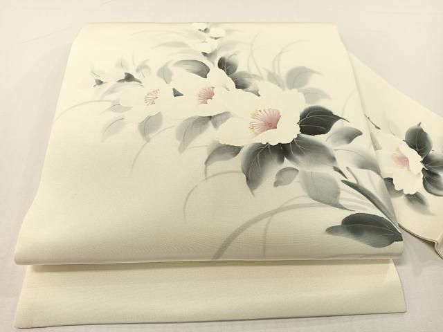 平和屋着物●塩瀬　九寸名古屋帯　作家物　手描き　草花文　金彩　逸品　CABG1624vp