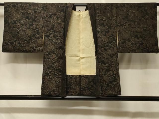 平和屋着物＃羽織　寿光織　御所車草花文　黒地　金糸　正絹　逸品　CABF8897in