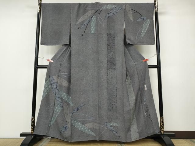 平和屋着物●人間国宝 初代 六谷梅軒(六谷紀久男)錐彫り 重要無形文化 財伊勢型紙 江戸小紋 訪問着 笹竹文 黒地 やまと誂製 逸品CABF3475ut