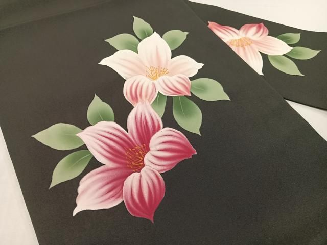 平和屋着物●塩瀬 九寸名古屋帯 手描き 草花文 黒地 正絹 逸品 CABG1626vp 平和屋着物●塩瀬 九寸名古屋帯 手描き 草花文 黒地 正絹 逸品 CABG1626vp