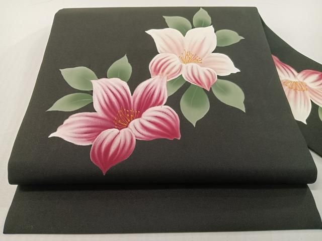 平和屋着物●塩瀬　九寸名古屋帯　手描き　草花文　黒地　正絹　逸品　CABG1626vp