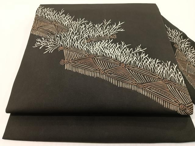 平和屋着物●塩瀬　九寸名古屋帯　ろうけつ染め　籬文　黒地　正絹　逸品　CABG1629vp