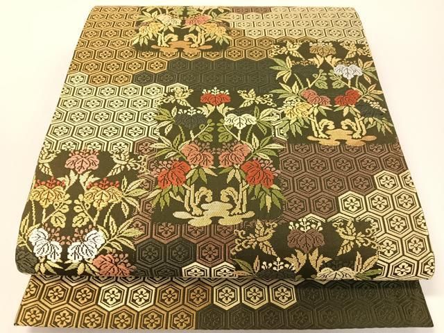 平和屋着物●六通柄袋帯　唐織　亀甲桐花文　金糸　正絹　逸品　CABG1631vp