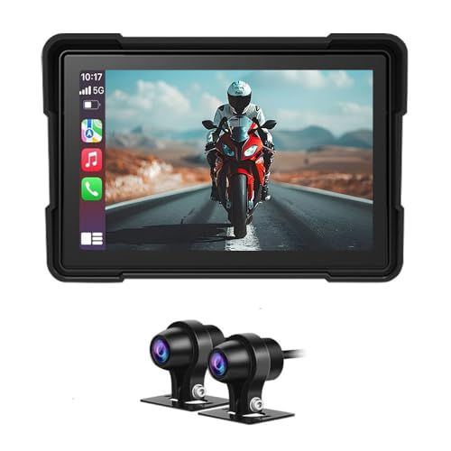 【最新バイク ドライブレコーダー 】Carplay/Android Auto対応バイクナビ 5インチIPS液晶大画面 IP65全体防水 前後カメラ1080P 前後 カメラ バイク用ナビ スマホ連動 バイクドラレコ 鉄製ホルダー 140度広角 9fb6fddb