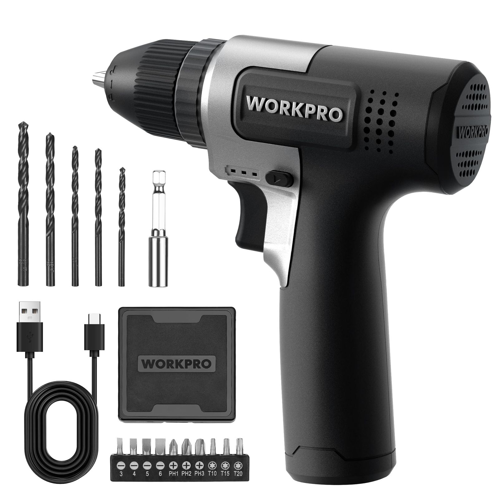 WORKPRO 電動ドリルドライバー 電動ドライバー 電動ドリル 8V 小型 USB充電式 ドリル 5点 ビット10点 六角軸延長ビット 2000mAh大容量バッテリー コードレス 正逆転切り替え 磁気付き LEDライト ネジ締め 穴あけ D 07100d1d