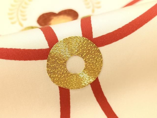 平和屋着物●塩瀬　九寸名古屋帯　駒刺繍　七宝花文　金彩　正絹　逸品　CABG1639vp