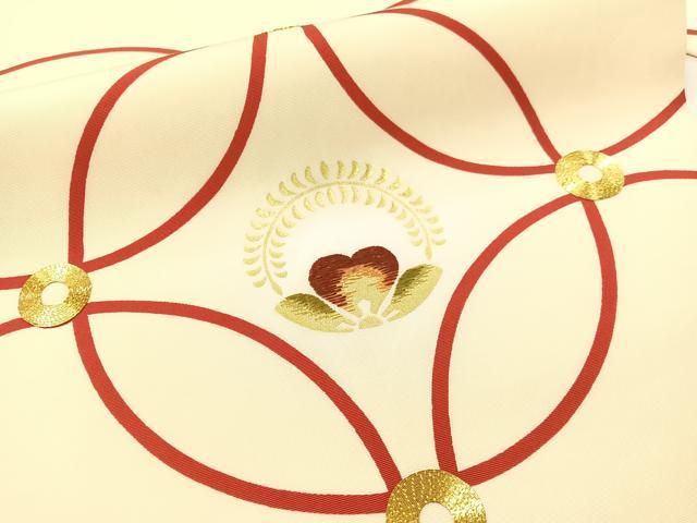 平和屋着物●塩瀬　九寸名古屋帯　駒刺繍　七宝花文　金彩　正絹　逸品　CABG1639vp