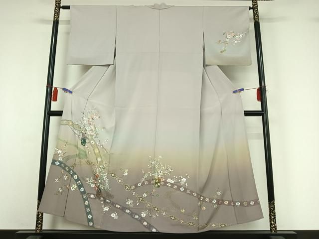 平和屋着物▽中国三大刺繍　汕頭刺繍　スワトウ刺繍　訪問着　単衣　総刺繍　飾花文　暈し染め　正絹　逸品　AABI4569jh