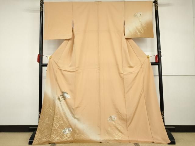 平和屋着物●訪問着 扇面枝葉文 暈し染め 金銀彩 ロング丈 正絹 逸品 AABI2557cs