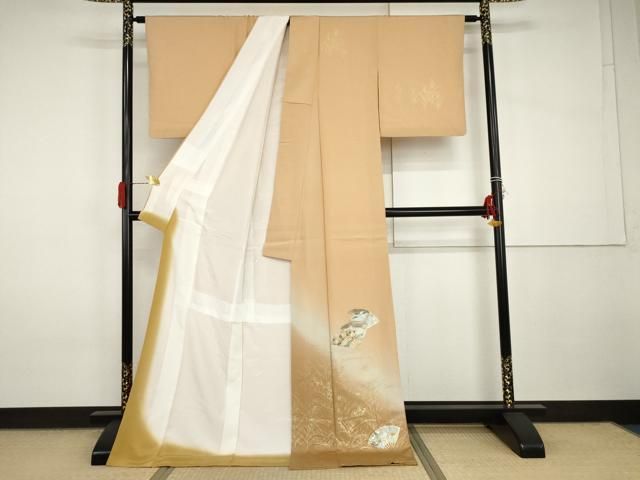 平和屋着物●訪問着　扇面枝葉文　暈し染め　金銀彩　ロング丈　正絹　逸品　AABI2557cs