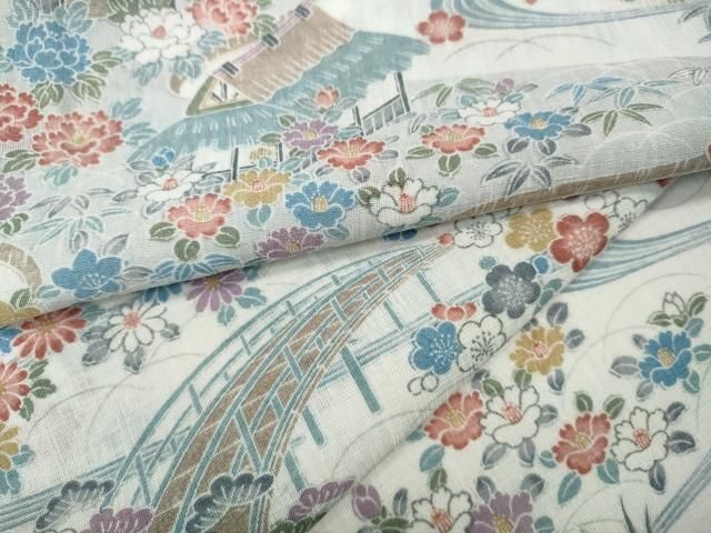 平和屋着物＊夏物　小紋　紗　流水風景草花文　洗える着物　CABF3576ut