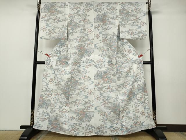 平和屋着物*夏物 小紋 紗 流水風景草花文 洗える着物 CABF3576ut 平和屋着物*夏物 小紋 紗 流水風景草花文 洗える着物 CABF3576ut