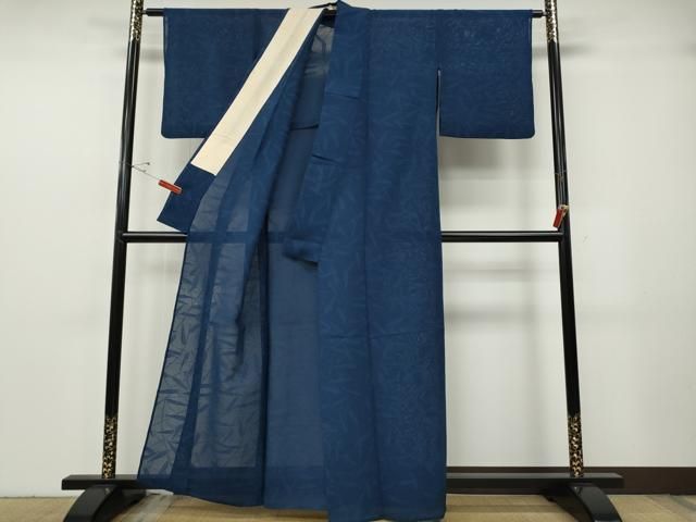 平和屋着物＊夏物　色無地　枝葉紋紗　青藍色　正絹　逸品　CABF3579ut